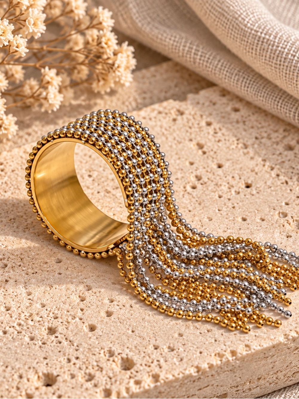 Gold & Silver Chain Tassel Ring - Stainless Steel
